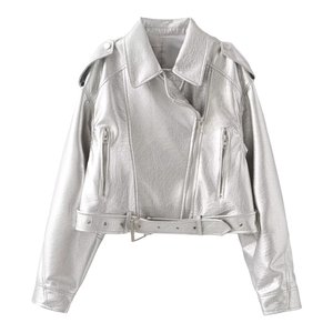 Abrigo de motociclista Retro con cremallera para <span class=keywords><strong>mujer</strong></span> con cinturón, ropa de calle, prendas de vestir, Chaqueta corta de piel sintética holgada Vintage de gran tamaño para <span class=keywords><strong>mujer</strong></span> - Product Image 6