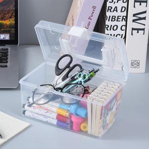 Organizador de escritorio de plástico transparente, caja de almacenamiento rectangular para oficina con tapa para bolígrafos, tijeras, papelería, tamaño pequeño - Product Image 1