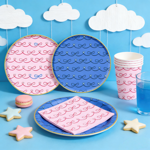 DAMAI - Vajilla Desechable para Baby Shower y Fiestas de Cumpleaños Infantiles, Color Azul y Rosa, con Lazo, Forma Redonda, Servilletas, Vasos y Platos de Papel - Product Image 1