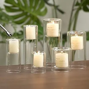Hand Blown Heat Resistant Clear Tube Glass Pillar Tealight Candle Holder Set For Wedding Party Holiday Table Decoration