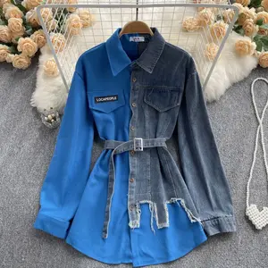 2023 Hochwertige Sommer-Jeans hemden Damen New Fashion Paneled Denim Shirt Jeans hemd für Damen