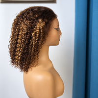 Perruque Bob Courte Bouclée P4/27 Brun Blond Miel avec Mèches, Cheveux Humains, Lace Frontale, Couleur Piano, Ondulée, Vente en Gros pour Femmes