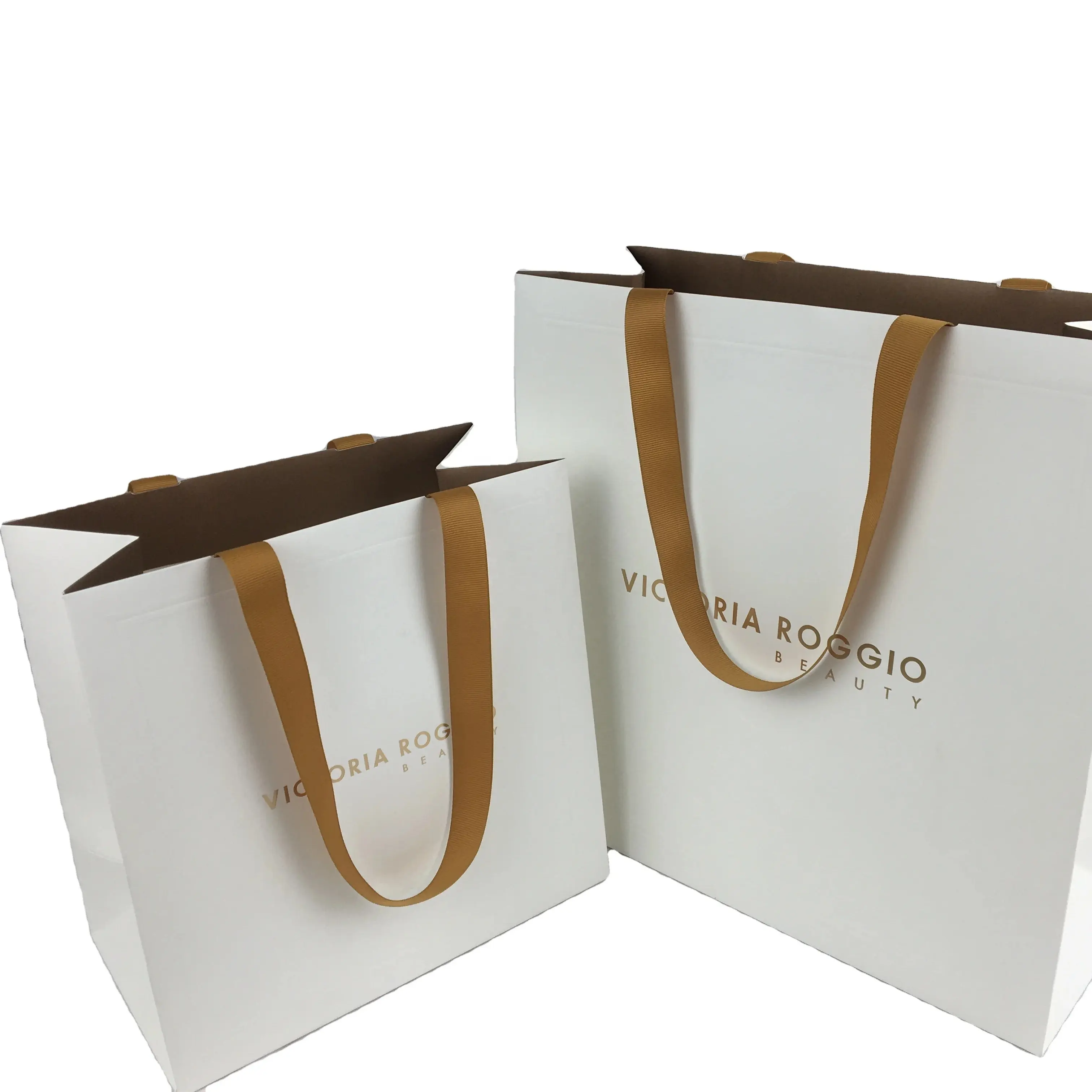 Custom Printed Logo Antique White Luxury Shopping Bag Retail Hard Kraft Paper Bag Gift Embossing Paper Bag With Ribbon Handle