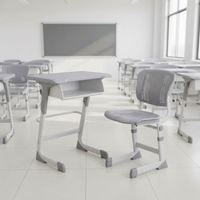Ensemble bureau et chaise pour étudiants à hauteur réglable avec surface de travail en plastique et structure en métal pour salle de classe