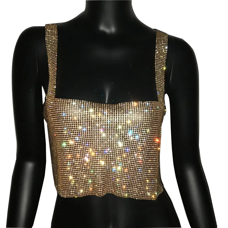 Bling Rhinestones Party Cropped Top for Women Solid Backless Straps Full Diamonds Sequins Cami Crop Top