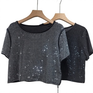 Camiseta holgada de manga corta con cuello redondo y adornos de diamantes de imitación para mujer, camiseta de verano - Product Image 3