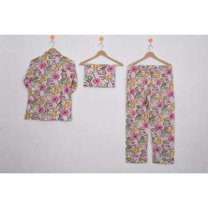 Nouvel ensemble de pyjama en coton à motif floral, imprimé à la main, vêtements de nuit pour femmes, ensemble de détente léger pour l'été - Product Image 5