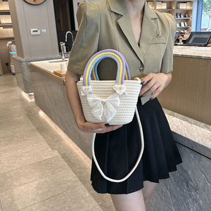 <b>Rainbow</b> Handbag Women Handmade Cotton Thread Straw Bucket <b>Bag</b> Khaki Off White Fashion Trend Everyday Outfits Summer 2023 - Product Image 3
