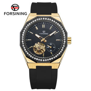 นาฬิกาข้อมือผู้ชาย FORSINNING หรูหรา ระบบออโตเมติก ตัวเรือนสแตนเลสสตีล ดีไซน์เพชร 3 มิติ หน้าปัดเรืองแสง กันน้ำ 3BAR ระบบตูร์บิญอง - Product Image 1