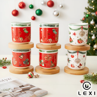 Set Cangkir Espresso Porselen Natal 6 Buah dengan Tatakan Kayu Kotak Hadiah Heksagonal Motif Meriah Cangkir Teh Hadiah Liburan Rumah