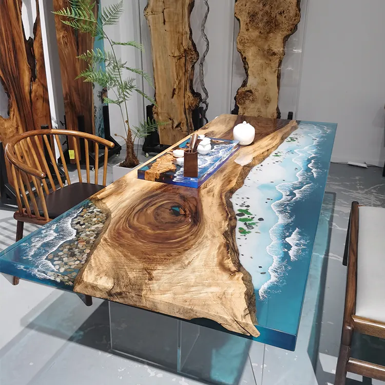Tavolo da pranzo in legno di noce di recupero dal Design irregolare tavolo da pranzo con bordo vivo in resina epossidica Blue Waves River