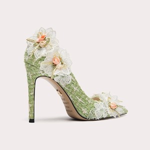 Eleganti Tacchi Alti Verde Chiaro con Pizzo Bianco e Decorazioni Floreali Rosa, Scarpe a Punta Taglia Grande - Product Image 2