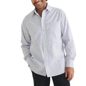 남성 workshirts 일반 핏 100% 코튼 옥스포드 쉬운 관리 칼라 뼈 전체 버튼 전면 긴 소매 체크 셔츠 융합 칼라