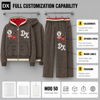 Ensemble de survêtement deux pièces marron délavé personnalisé 460 g/m² avec patchwork, capuche double couche et pantalon de jogging à jambe large, style streetwear OEM ODM