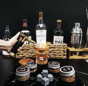 FMCK008 Hot Cocktail Smoker Kit Different Accessories Available Whiskey Smoking Set Wooden Top Wood with Torch Gift Box