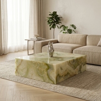 Table basse rectangulaire de luxe en onyx vert, finition brillante, piétement en pierre naturelle, table centrale pour la décoration du salon à la maison