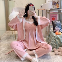Set Tiga Potong Katun Sisir untuk Ibu Hamil dan Menyusui, Pakaian Tidur dengan Bantalan Dada, Ukuran ML-XL-XXL