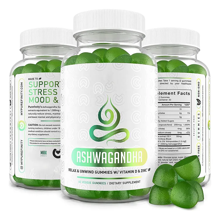 Oem/Odm Ashwagandha Gummies 1500Mg Kauwtabletten Stress Gummy Supplement Schildklier En Stemming Ondersteuning 60 Gummy