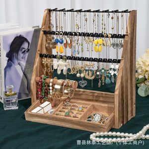 Wooden Jewelry Storage Rack <b>Earring</b> Holder Solid Wood Retro Style Jewelry Organizer Display Stand With Drawer For Necklace Ring - Product Image 3