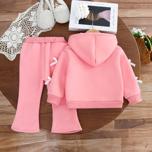 2026 Hot Sale 1-5 jaar meisjes warme trainingspakken strik lange mouw capuchon rits fleece jas broek 2-delige set kinder winterkleding - Product Image 4