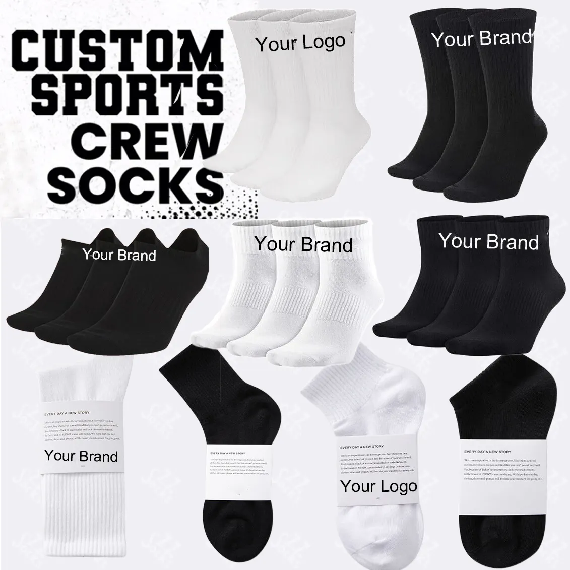 Produsen olahraga desain khusus putih dan hitam Crew katun Logo kustom kaus kaki olahraga atletik dengan logo Anda sendiri