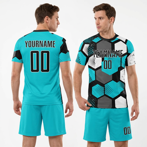 ชุดเสื้อฟุตบอลแบบซับลิเมชั่นสั่งทำพิเศษ ระบายอากาศได้ดี ไซส์พลัส สำหรับทุกเพศ สีเขียวอมฟ้า ดำ ขาว ลายเรขาคณิต คอกลม/คอวี แขนสั้น - Product Image 1