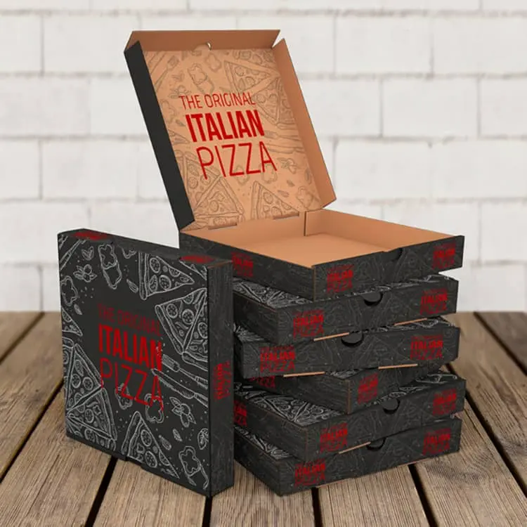 Toptan özel baskılı 8 10 12 14 16 inç fast food paket servisi olan restoran siyah oluklu kraft kağıt pizza ambalaj kutusu kutusu ile logo