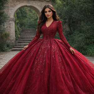 XS204 Luxury <b>Red</b> V-Neck <b>Sequined</b> Ball Gown Party Evening Gowns Dresses - Product Image 1