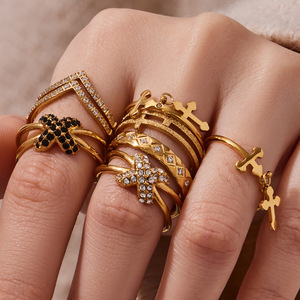 Stainless Steel Black White Zircon <b>Ring</b> Multi Layer Cross <b>Ring</b> Combination Jewelry <b>Set</b> - Product Image 3