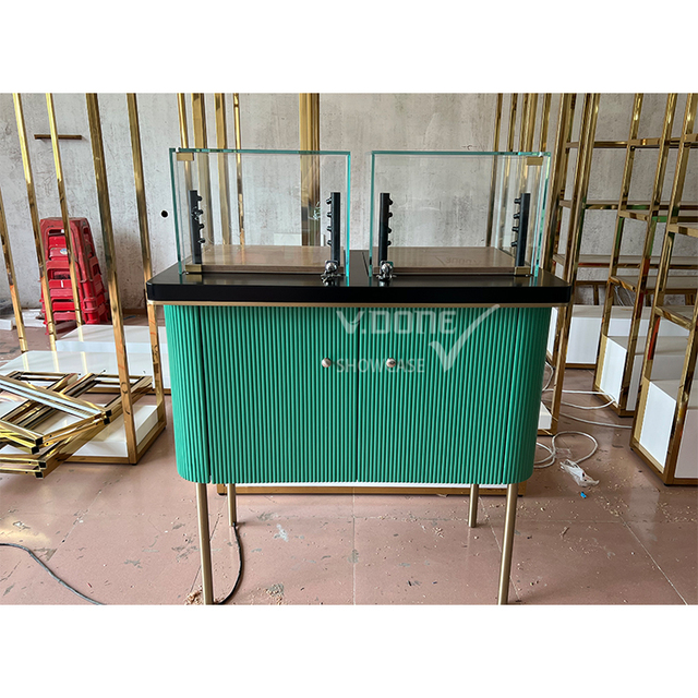 Luxury Stainless Steel Jewelry Glass Display Showcase Jewellery Retail Shop Counter Wood Jewelry Store Cabinet with Led Light