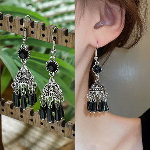 Boucles d'oreilles pendantes noires uniques de style bohème indien, grandes et tendance, faites à la main, pour femmes - Product Image 2