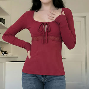 Pure Desire Girly Style U-Neck <b>Slim</b> Fit T-Shirt Waist Lace Patchwork Bow <b>Tie</b> Long Sleeve Ribbed Base Layer - Product Image 2