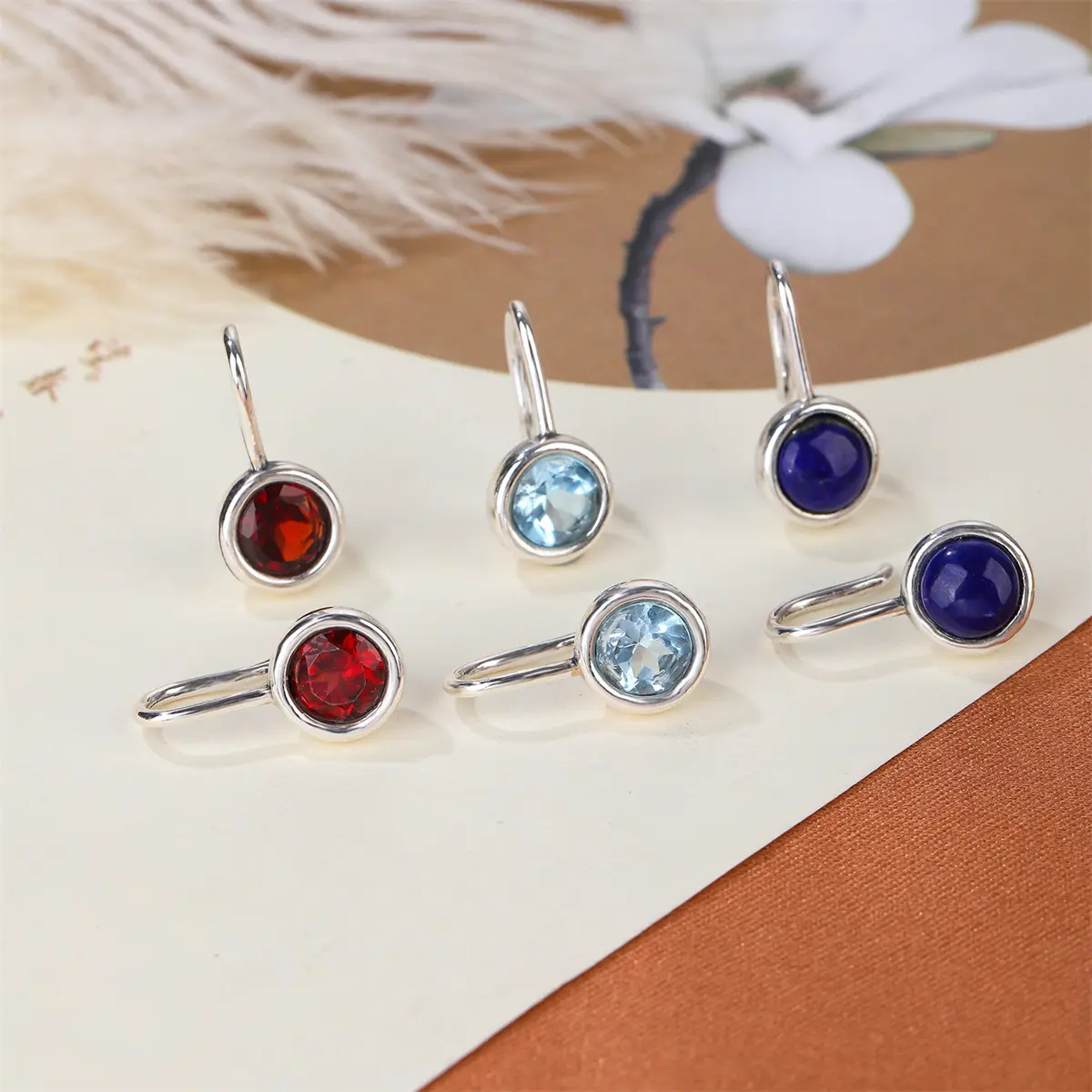 2023 Fashion Earring 925 Sterling Silver Round Natural Gemstone Hook Earring For Women