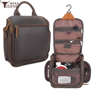 Tiding Genuine Leather <b>Toiletry</b> Bag Dark Brown Rectangle Portable Travel <b>Storage</b> With Hanging Function - Product Image 2