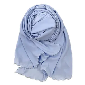Châle hijab en mousseline de soie malaisien, écharpe brodée de bordure avec couleur blanche, 70*180, personnalisé