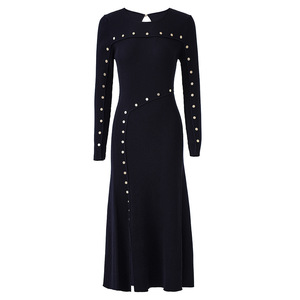 Nuovo Abito Francese Lavorato a <span class=keywords><strong>Maglia</strong></span> di Alta Qualità, <span class=keywords><strong>Nero</strong></span> Elegante con Spacco Irregolare e Bottoni, Maniche Lunghe per Uso Quotidiano - Product Image 1