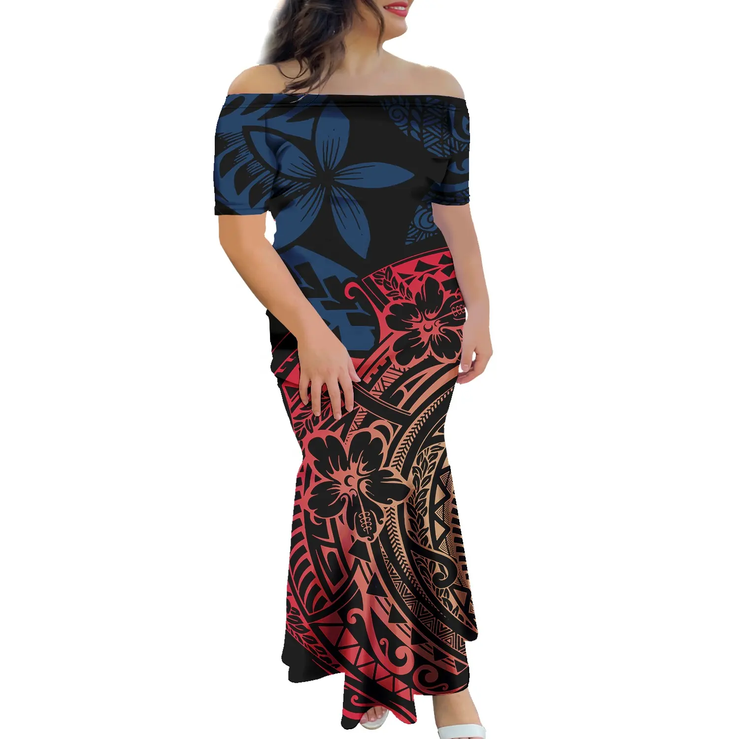 2023 New Design Custom Pacific Island Art Trumpet Mermaid Dress Polynesian Short Sleeve Fishtail Dress Plus Size Womens Dresses