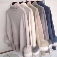 Pull col roulé en fourrure de renard uni, manches longues, style urbain, avec poignets en fourrure de renard, pour femme, hiver, décontracté, respirant