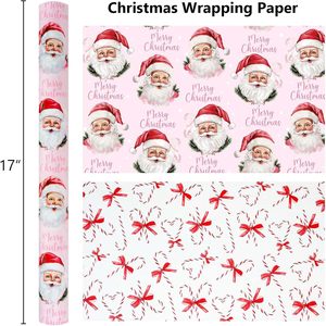 Christmas gift wrapping <b>paper</b> featuring a pink Santa Claus head candy cane <b>pattern</b> double sided printing customizable - Product Image 2