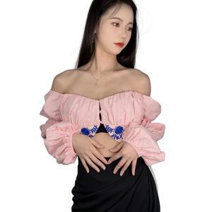 Top de Manga Larga con Hombro Descubierto, Bordado Floral, Rosa, de Alta Calidad, en Oferta, Elegante y Sexy para Mujer - Product Image 2