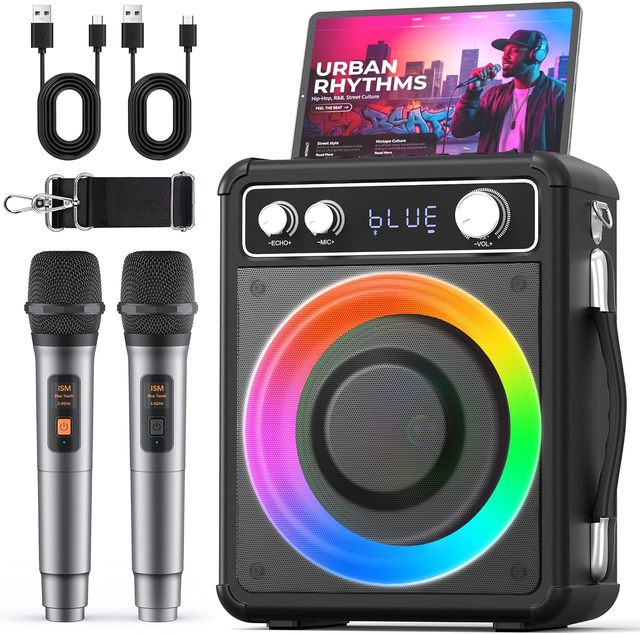 All-in-one Karaoke Machine / Portable Speaker 2 Speakers RGB Lights Home KTV System Dual Mics for Indoor/Outdoor