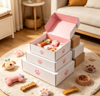 Großhandel Lagerbestand Weiße Außen- und Rosa Innenseite Kraft-PET-Versandboxen Faltbare Flugzeugbox für Hundeleckerlis & Spielzeugverpackung