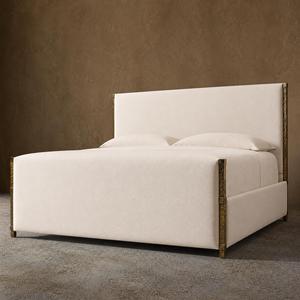 Lit à panneaux en tissu Wabi-Sabi de collection privée avec pied de lit, cadre en fer forgé à la main et base plateforme basse pour villa - Product Image 1