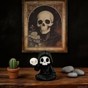 Estatua de Esqueleto con Capucha Pequeña Leyendo un Libro, Decoración para Estantería de Halloween - Product Image 4