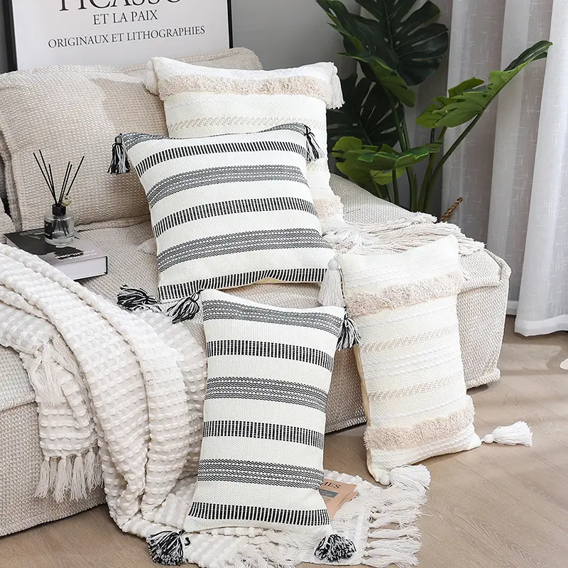 Top Fashion Black and White Striped Tassel Sofa Cushion Cover Pure Cotton Furniture Pillow Cover macrame pillow