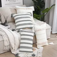 トップファッション黒と白のストライプタッセルソファクッションカバーピュアコットン家具枕カバーマクラメ枕