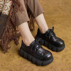 Chaussures compensées décontractées pour femmes en cuir de vachette, style britannique, à bout rond, à lacets, légères - Product Image 3