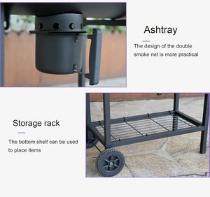 Heavy-Duty Outdoor Steel Barbecue Grill Powder Coated Trolley Adjustable Height <b>Smokeless</b> Chimney Thermometer Hooks - Product Image 2