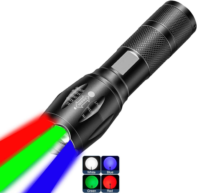 High Lumens 4 Color LED Handheld Flashlight LED  Water Resistant Camping Torch Adjustable Focus Zoom Tactical Flashlight