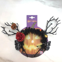 Diadema de Halloween hecha a mano con cuernos, calavera y flores, accesorio divertido para el pelo, ideal para crear una atmósfera espeluznante y sinistra.